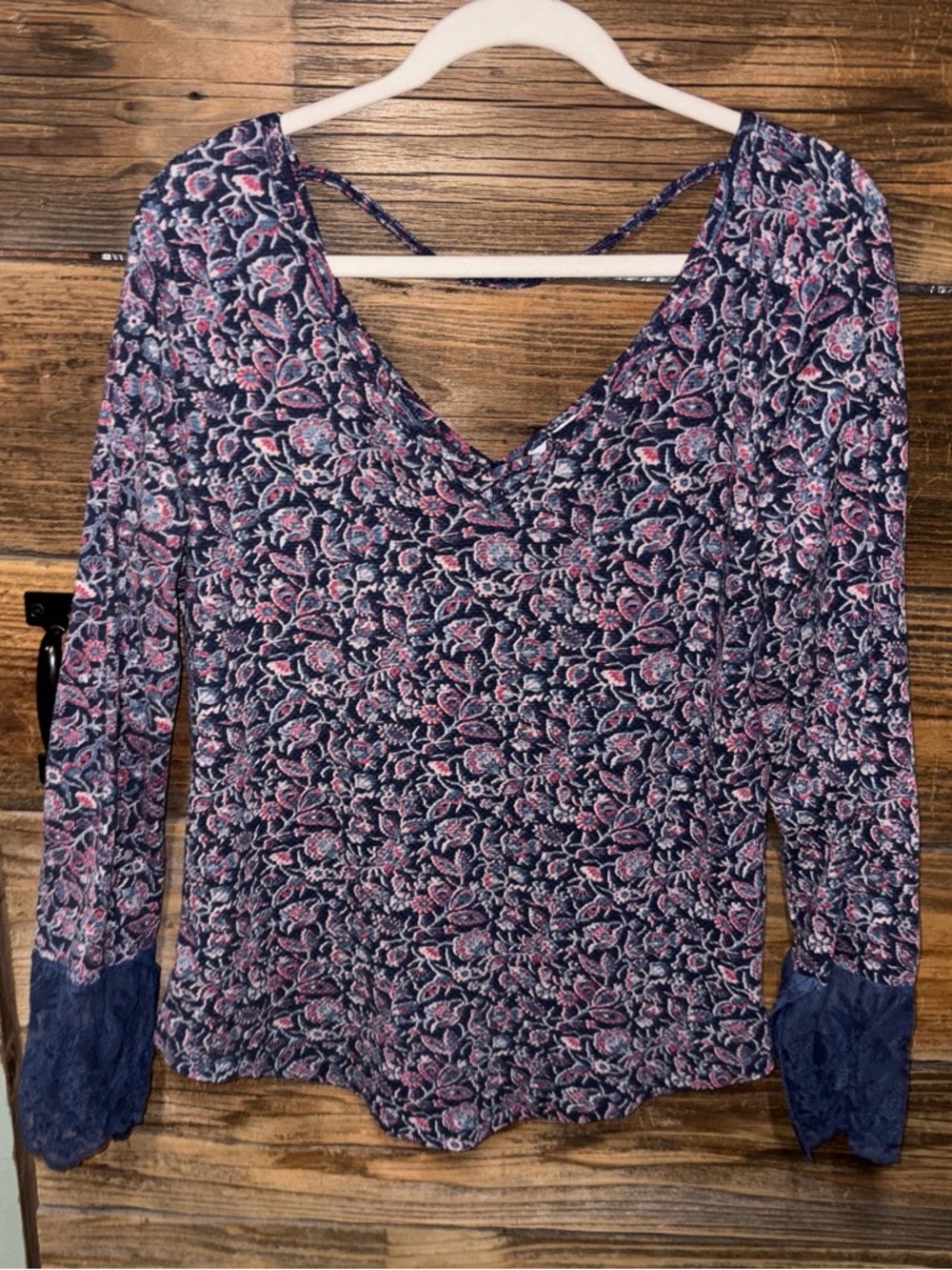 William Rast Navy and Pink Floral V-Neck Long Sleeve Top